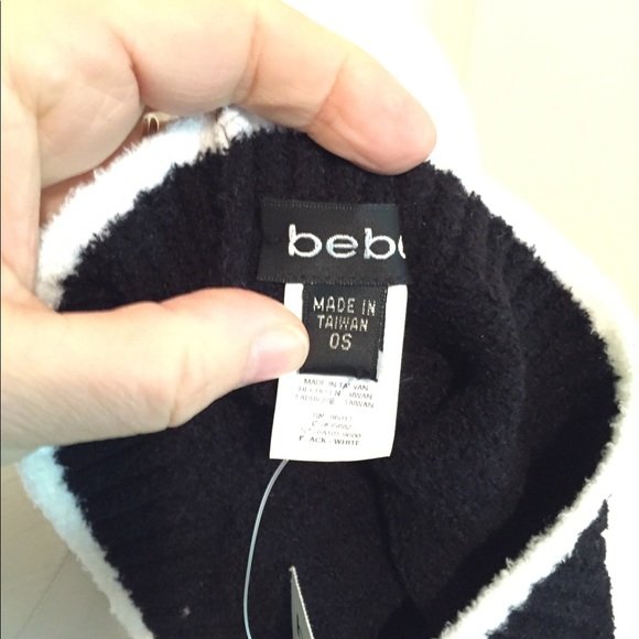 Bebe NWT jet black with white trim knit cap OS - Picture 3 of 6